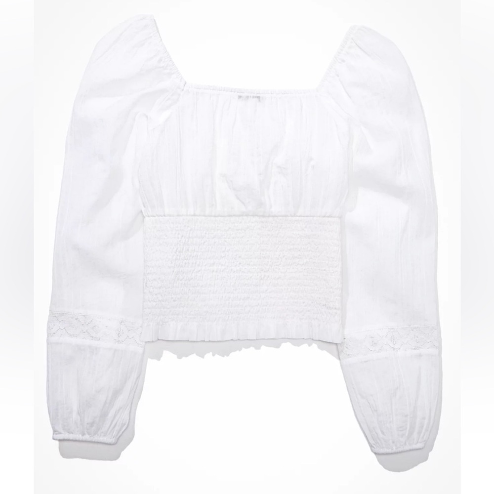 American Eagle Outfitters AE Long-Sleeve Smocked Blouse - White - Picture 4 of 13